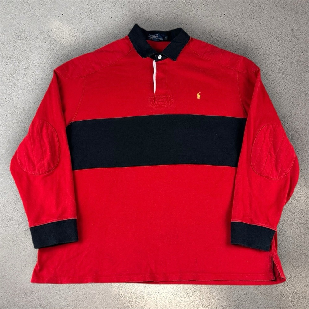 Vtg 90's Y2K Polo Ralph Lauren Rugby Shirt Size‎ XL Red Black Elbow Patch